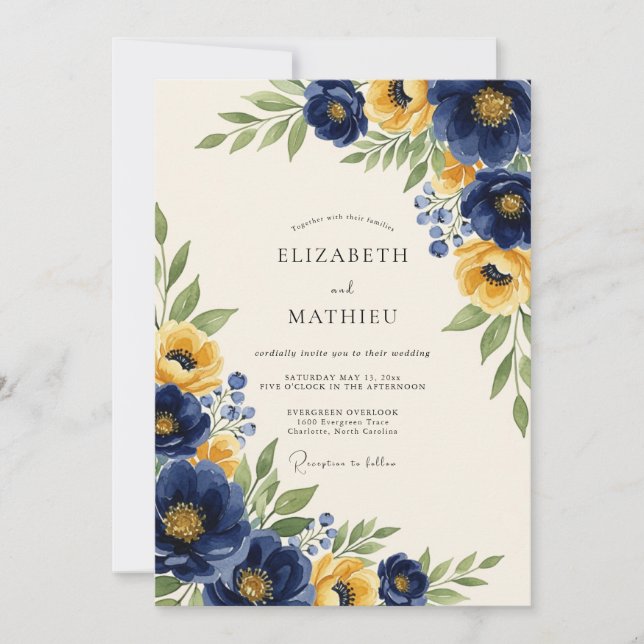 Convites Casamento Botânico Clássico Amarelo Marinho (Frente)