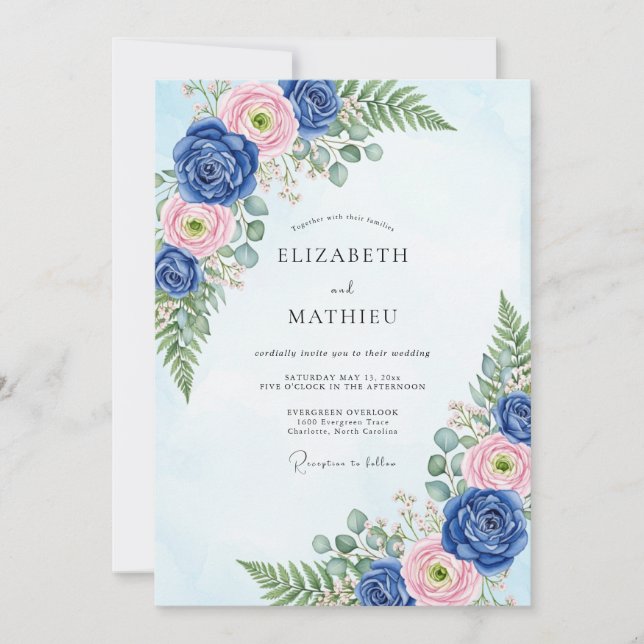 Convites Casamento Botânico Clássico Azul Marinho (Frente)