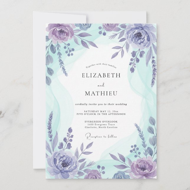 Convites Casamento Botânico com Aquarela de Lavanda Azul (Frente)