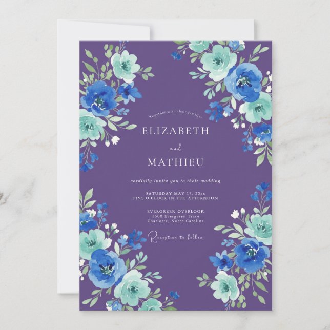 Convites Casamento Botânico com Aquarela Roxa Azul (Frente)