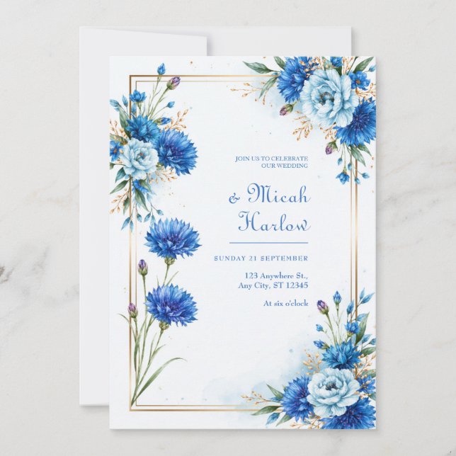 Convites Casamento Botânico com Centáurea Azul (Frente)