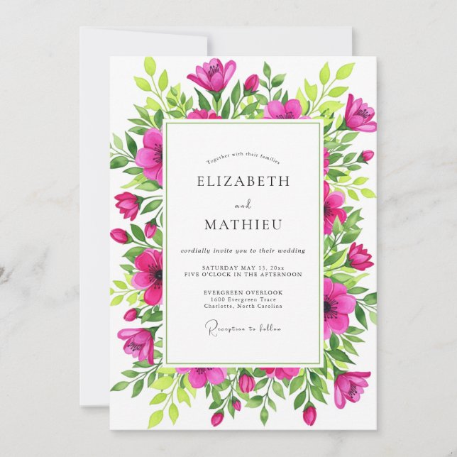 Convites Casamento Botânico com Espírito Magenta (Frente)