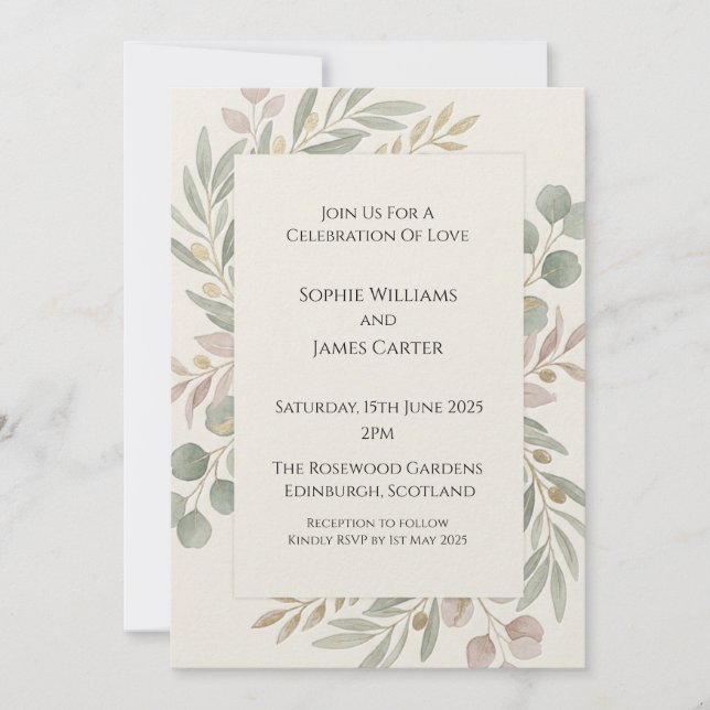 Convites Casamento Botânico com Eucalipto em Aquarela Cor d (Frente)