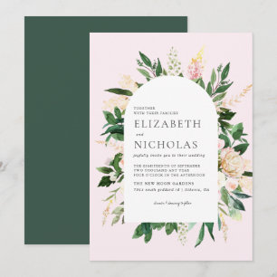 Convites Casamento Botânico com Florais Rosa e Folhagem
