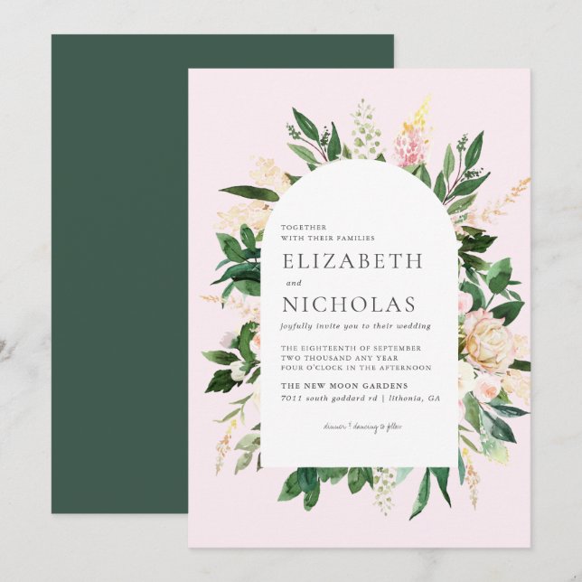 Convites Casamento Botânico com Florais Rosa e Folhagem (Frente/Verso)