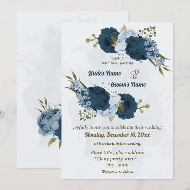 Convites casamento botânico com flores azuis-claras marinho (Frente/Verso)