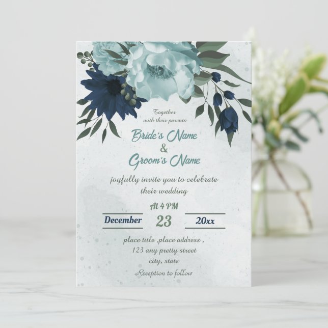 Convites Casamento botânico com flores azuis e marinhos (Em pé/Frente)