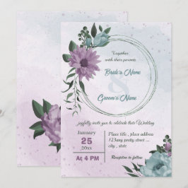 Convites casamento botânico com flores azuis roxas