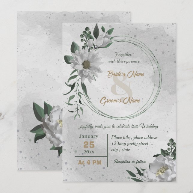 Convites casamento botânico com flores brancas românticas (Frente/Verso)