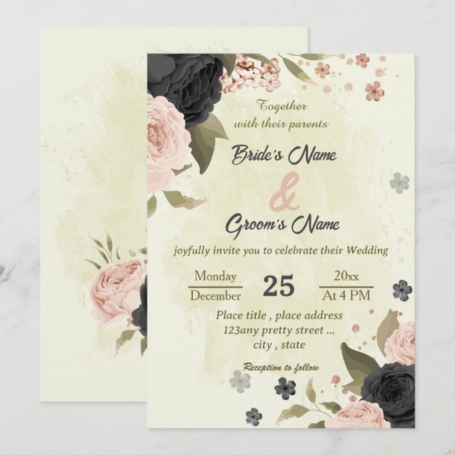 Convites casamento botânico com flores cor-de-rosa (Frente/Verso)