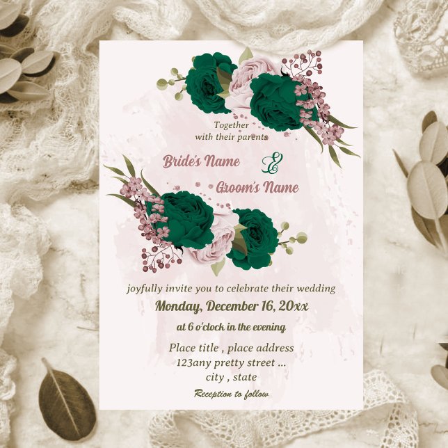 Convites casamento botânico com flores cor-de-rosa esmerald (Criador carregado)