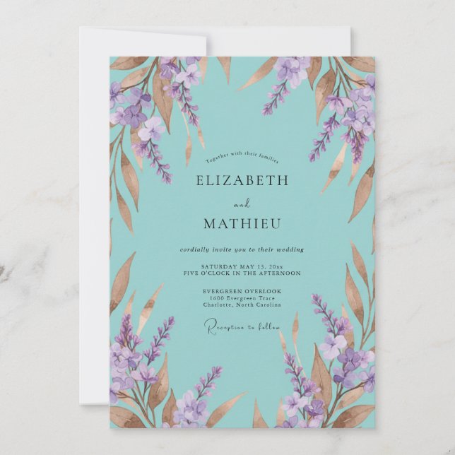 Convites Casamento Botânico com Flores de Lavanda Teal (Frente)