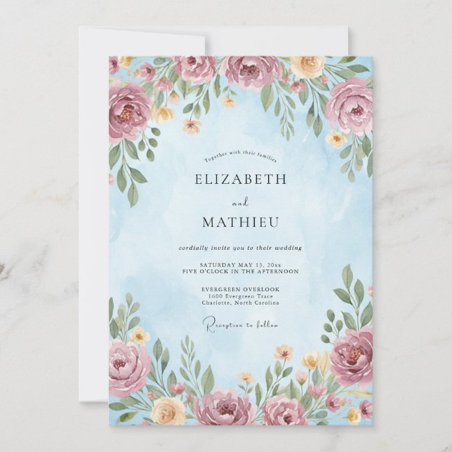 Convites Casamento Botânico com Flores de Rosa Empoeirada (Frente)