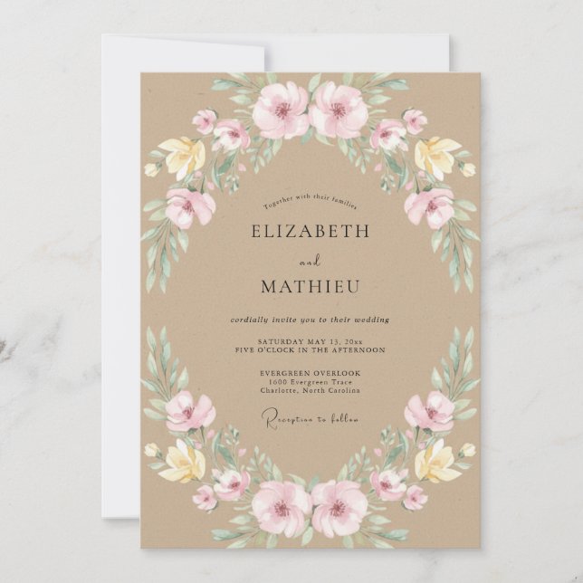 Convites Casamento Botânico com Flores Pastel Rosa (Frente)