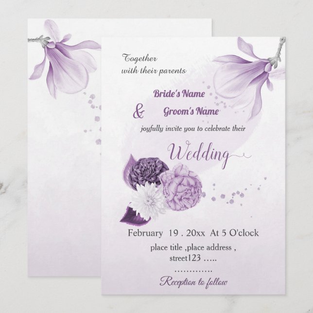Convites casamento botânico com flores roxas românticas (Frente/Verso)