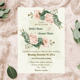 Convites casamento botânico com flores verdes sage blush