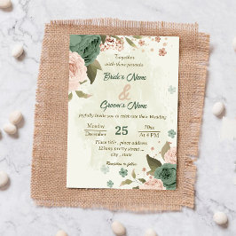 Convites casamento botânico com flores verdes sage blush