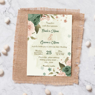 Convites casamento botânico com flores verdes sage blush