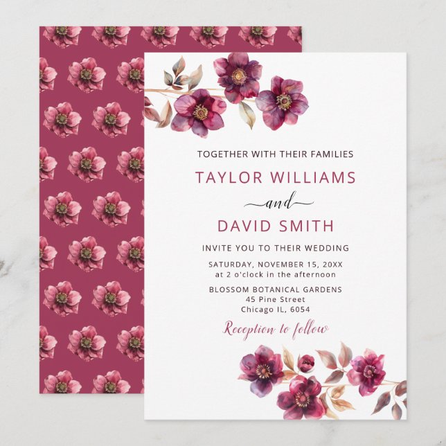 Convites Casamento Botânico com Hellebore Borgonha (Frente/Verso)
