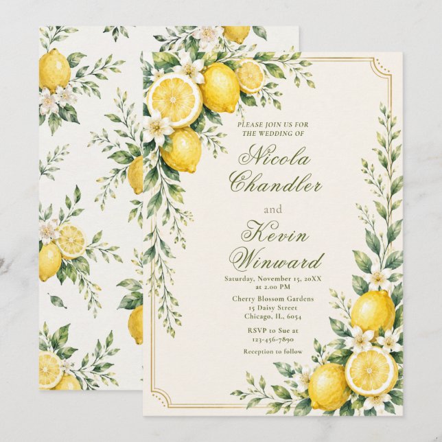 Convites Casamento Botânico com Limão (Frente/Verso)