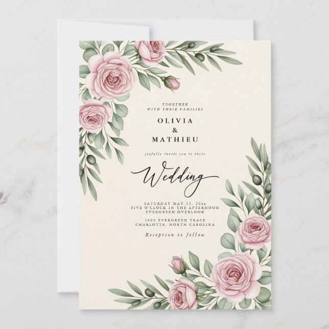 Convites Casamento Botânico com Rosa Cor-de-Rosa (Frente)