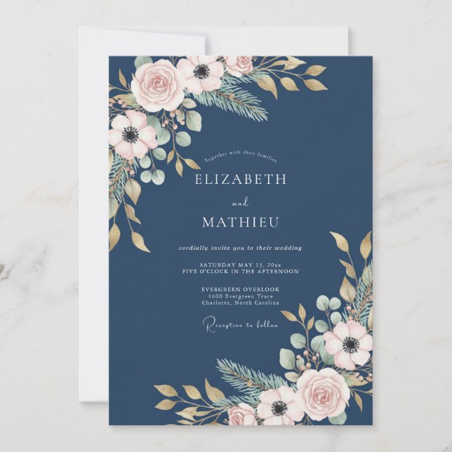 Convites Casamento Botânico com Rosa Navy (Frente)