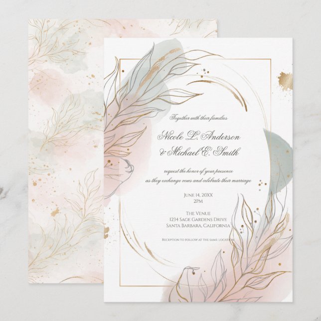 Convites Casamento Botânico com Sage Dourado e Rubor (Frente/Verso)