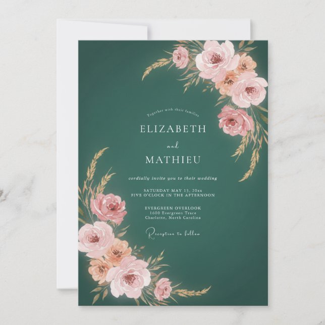 Convites Casamento Botânico com Toque de Rosa Teal (Frente)