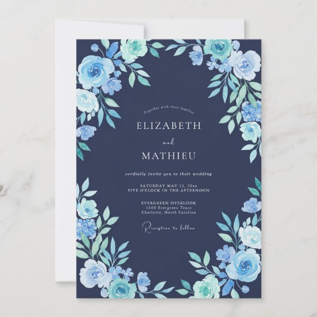 Convites Casamento Botânico Congelado Azul Marinho (Frente)