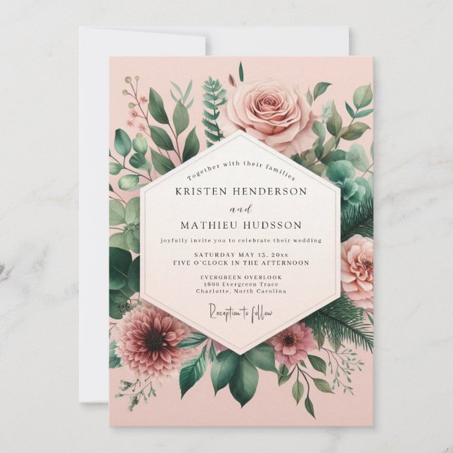 Convites Casamento Botânico Cor-de-Rosa Sonho (Frente)