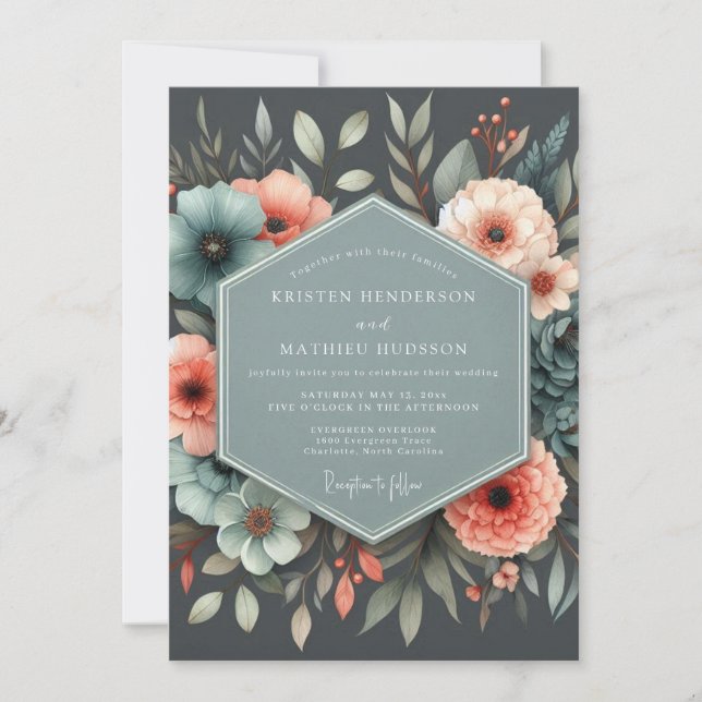 Convites Casamento Botânico Coral Ardósia (Frente)