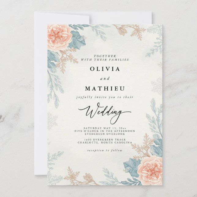 Convites Casamento Botânico Coral Muted (Frente)