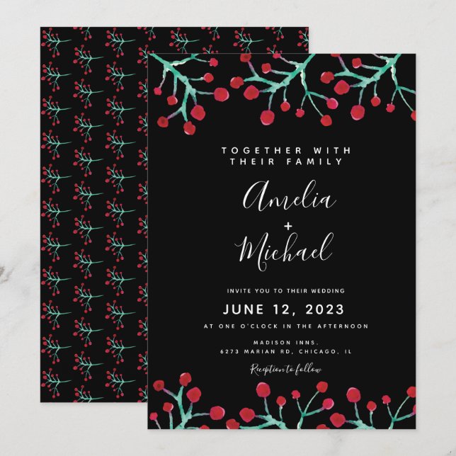 Convites Casamento Botânico de Água-forte de Natal com Frut (Frente/Verso)