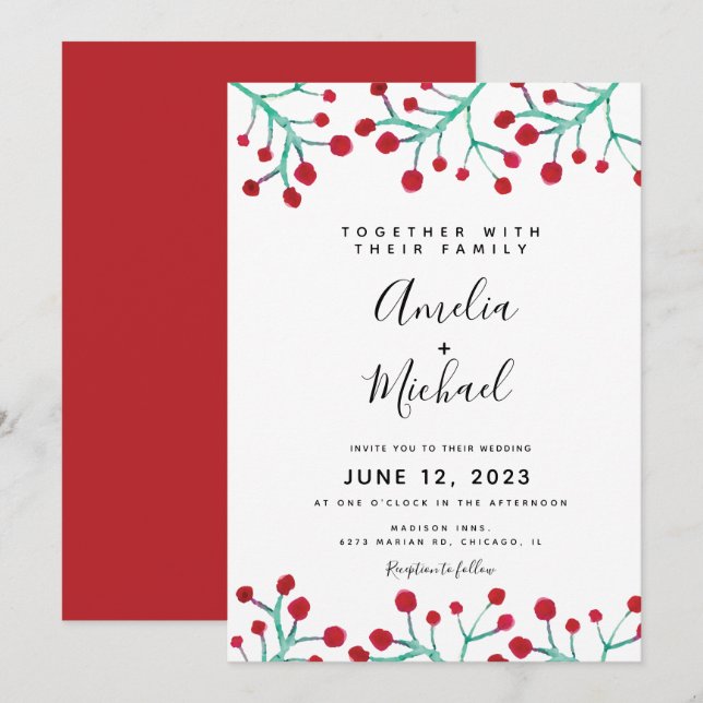 Convites Casamento Botânico de Água-forte de Natal com Frut (Frente/Verso)