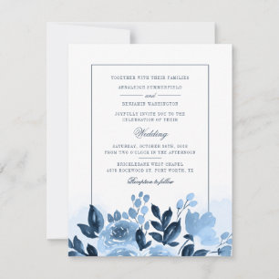 Convites Casamento Botânico de Aquarela Azul com Letra Flor