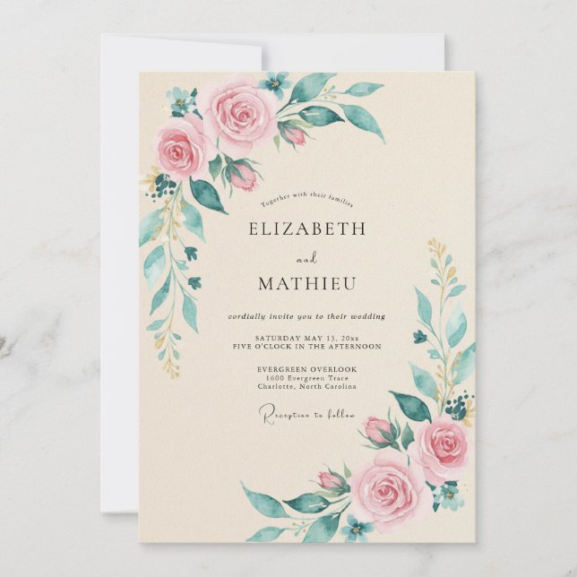 Convites Casamento Botânico de Aquarela Rosa Champanhe (Frente)