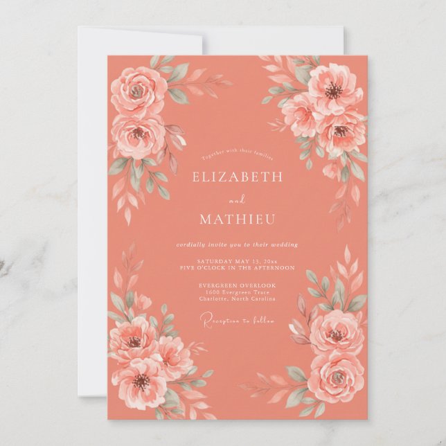 Convites Casamento Botânico de Aquarela Suave Coral (Frente)