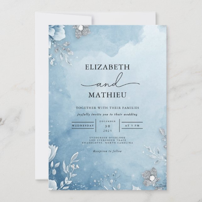 Convites Casamento Botânico de Azure Frost (Frente)