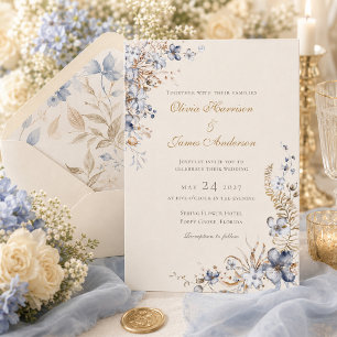 Convites Casamento Botânico de Champanhe Azul Empoeirado e