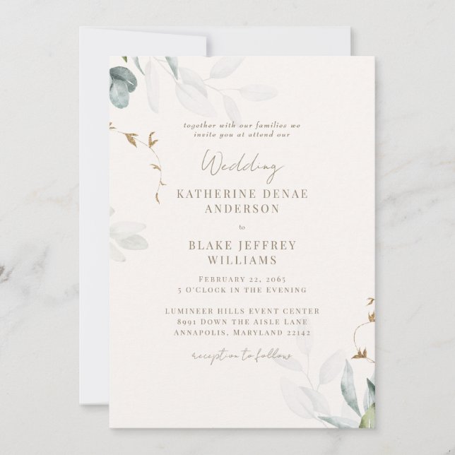 Convites Casamento Botânico de Champanhe Claro III (Frente)
