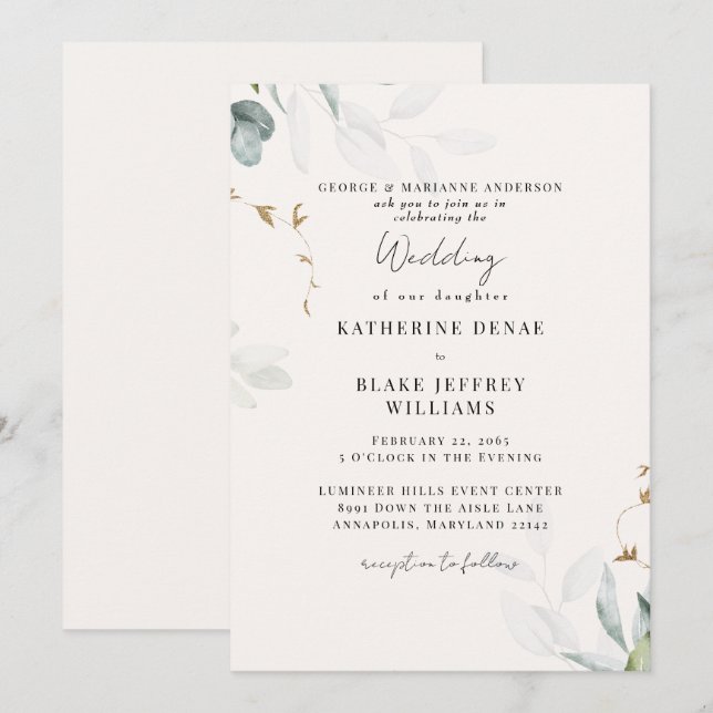 Convites Casamento Botânico de Champanhe Leve (Frente/Verso)