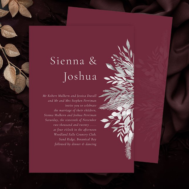 Convites Casamento Botânico de Cinzas de Borgonha Simples (Wedding Invitation in burgundy and grey from the Foliage Duet Collection by Darling & May)