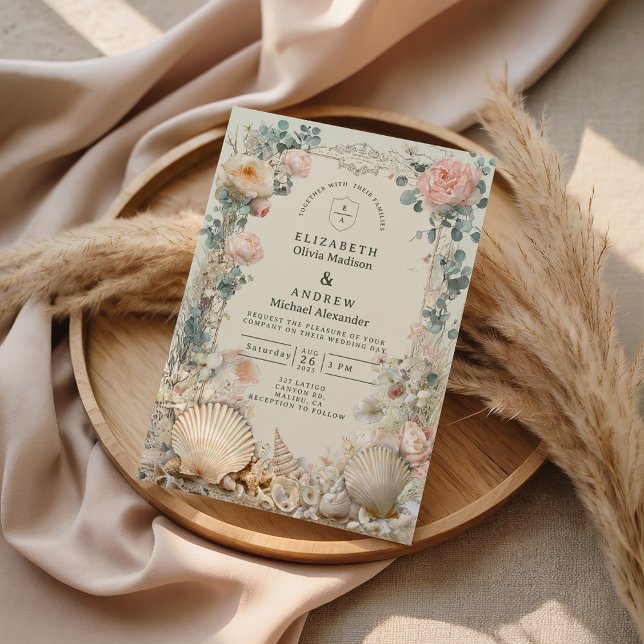 Convites Casamento Botânico de Conchas Marinhas Costeiras (Criador carregado)