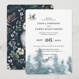 Convites Casamento Botânico de Coruja Florestal em Aquarela