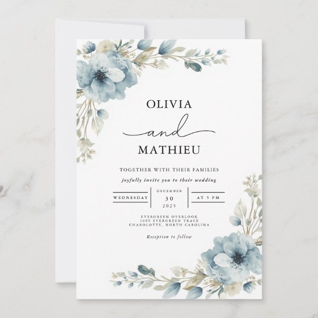 Convites Casamento Botânico de Dusty Blue Floral (Frente)