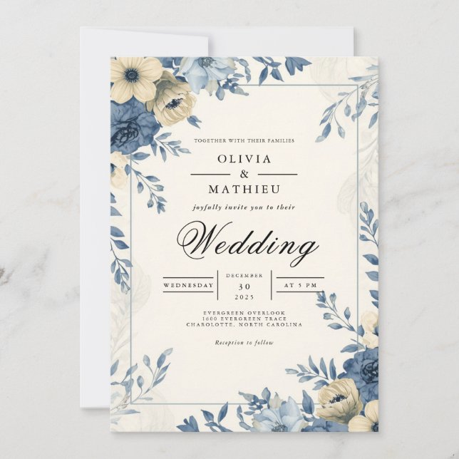 Convites Casamento Botânico de Dusty Blue Floral (Frente)