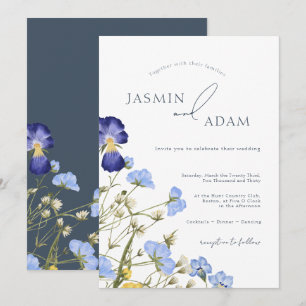Convites Casamento Botânico de Flor Silvestre Azul Elegante