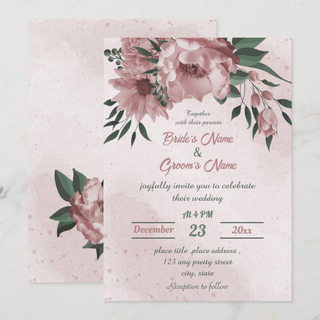 Convites casamento botânico de flores rosa (Frente/Verso)