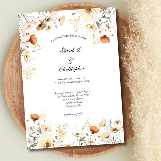 Convites Casamento Botânico de Flores Silvestres Bege Ferru (Boho Neutral Beige Rust Terracotta Wildflowers Wedding Invitation)