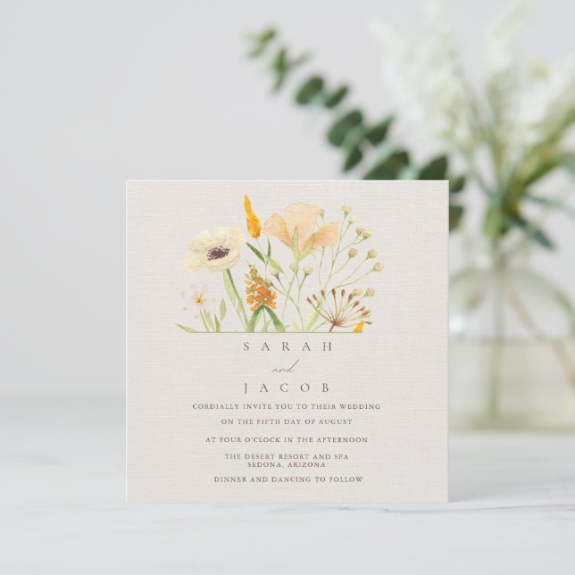 Convites Casamento Botânico de Flores Silvestres Simples (Em pé/Frente)